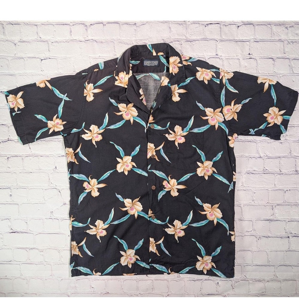 Vintage Lands End Hawaiian Shirt M Made USA Black Floral Aloha Camp 90s
